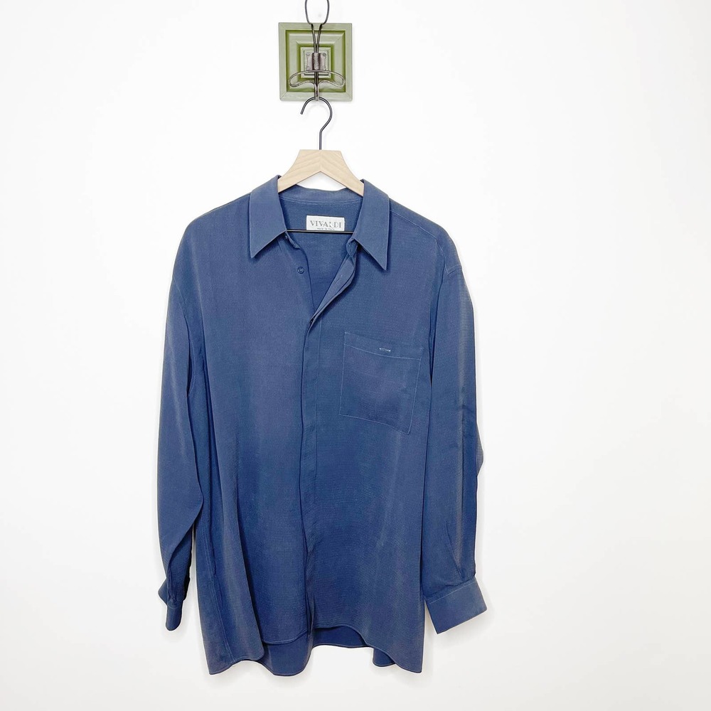 Vivaldi Italian Mens Navy Silk Button Down Shirt